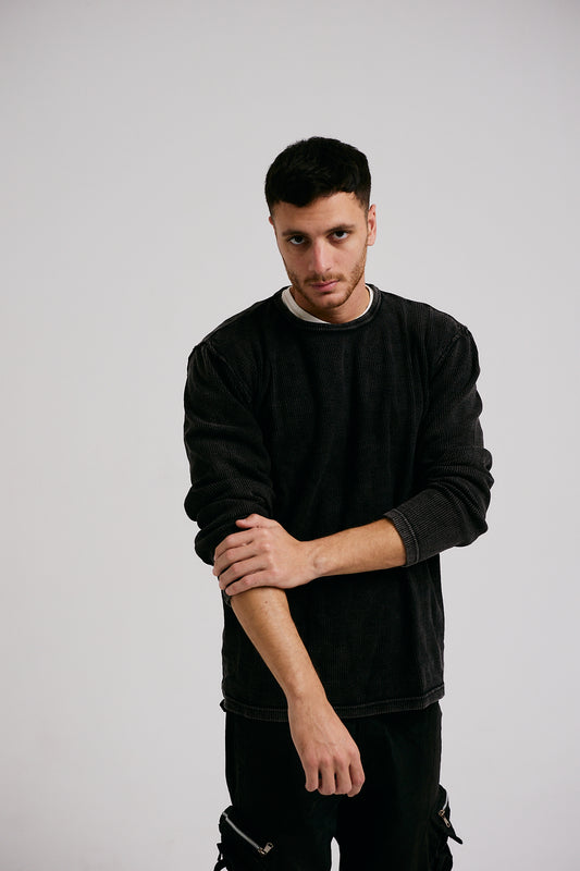 Waffle Crewneck Sweatshirt - Black